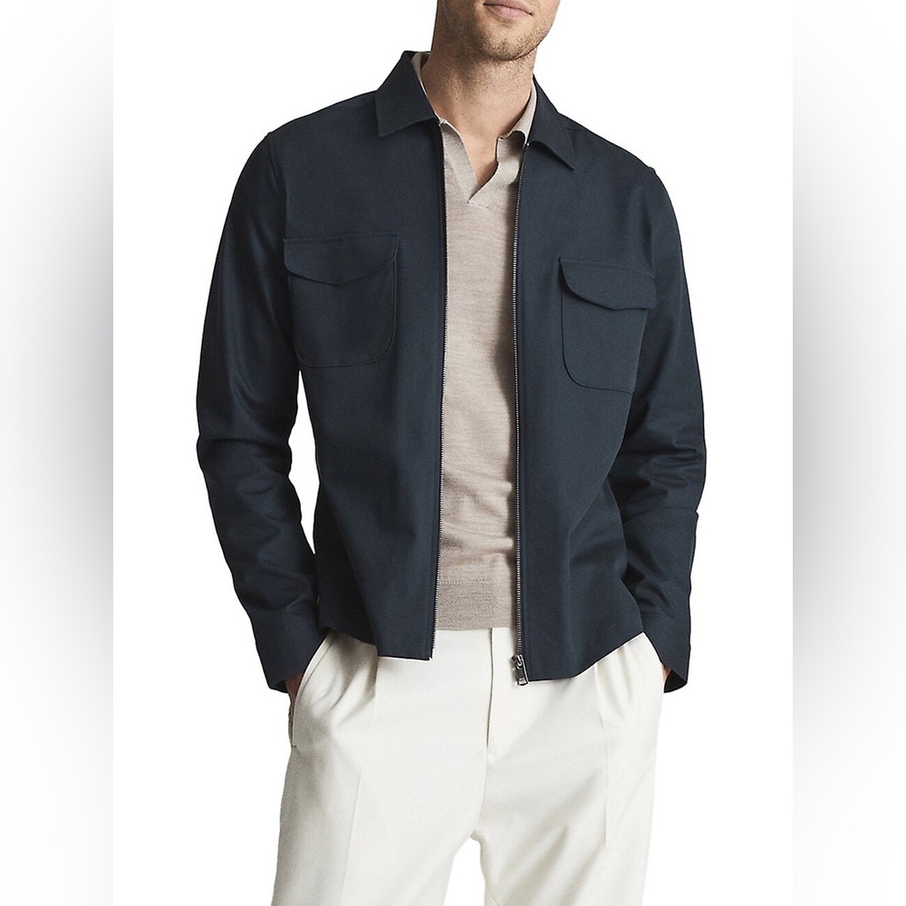 Reiss Mens Gemini Zip Through Shirt Jacket Navy Blue